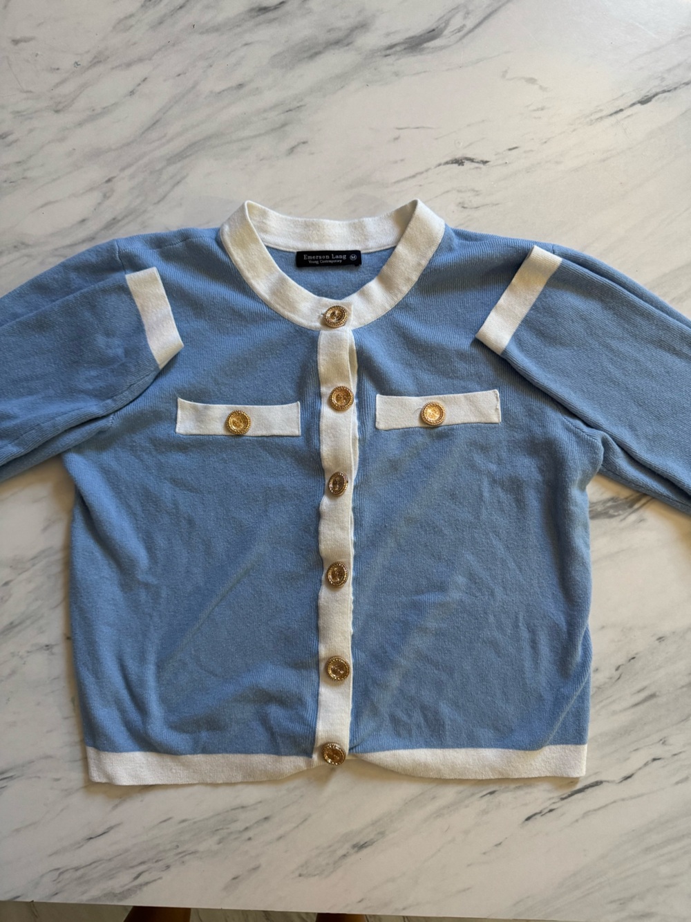 Emporio Armani Kids Light Blue Knit Cardigan with Ivory Trim